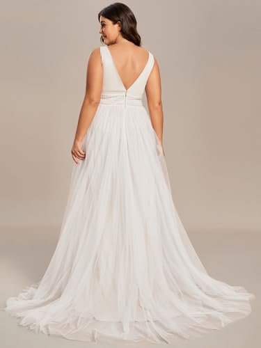 Women's V Neck Sleeveless A Line Pleated Tulle Floor Length Bridal Dresses