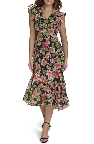 Women's Flutter Sleeve V-Neck Ruffle Trim Chiffon Hi Lo Dress