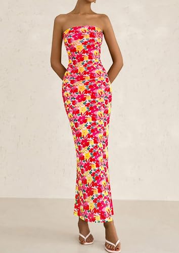 Womens Summer Printed Tube Maxi Dress Strapless Bodycon Sleeveless Night Out Long Dresses