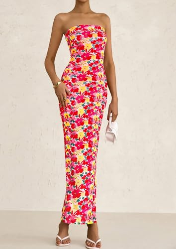 Womens Summer Printed Tube Maxi Dress Strapless Bodycon Sleeveless Night Out Long Dresses