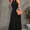 Women's Summer Floral Maxi Sun Dress Sleeveless Halter Neck Flowy Ruffle Hem Long Boho Dresses with Belt