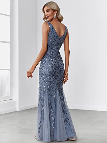 Women's Formal Dress Sequin Tulle Double V-Neck Sleeveless Mermaid Long Evening Dress 07886