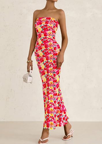 Womens Summer Printed Tube Maxi Dress Strapless Bodycon Sleeveless Night Out Long Dresses