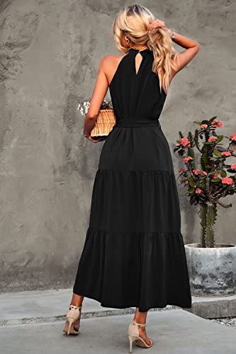 Women's Summer Floral Maxi Sun Dress Sleeveless Halter Neck Flowy Ruffle Hem Long Boho Dresses with Belt