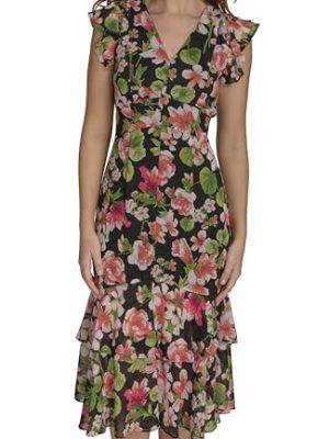 Women's Flutter Sleeve V-Neck Ruffle Trim Chiffon Hi Lo Dress