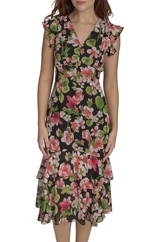 Women's Flutter Sleeve V-Neck Ruffle Trim Chiffon Hi Lo Dress