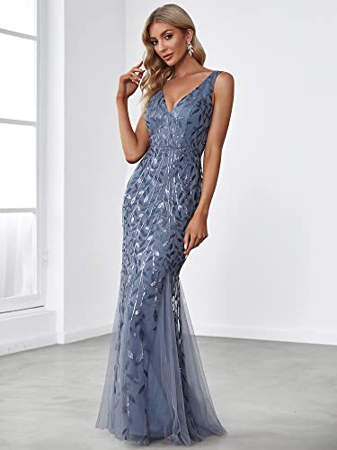 Women's Formal Dress Sequin Tulle Double V-Neck Sleeveless Mermaid Long Evening Dress 07886