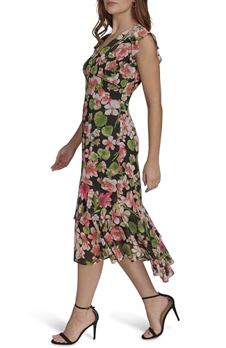 Women's Flutter Sleeve V-Neck Ruffle Trim Chiffon Hi Lo Dress