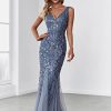 Women's Formal Dress Sequin Tulle Double V-Neck Sleeveless Mermaid Long Evening Dress 07886