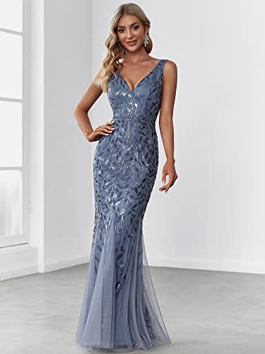 Women's Formal Dress Sequin Tulle Double V-Neck Sleeveless Mermaid Long Evening Dress 07886