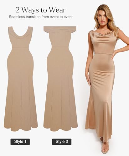 Women Shapewear Maxi Dress - Sleeveless Long Formal Cocktail Party Elegant Bodycon Dresses Built-in Bra