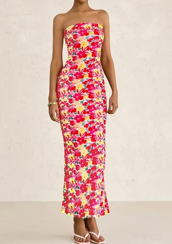 Womens Summer Printed Tube Maxi Dress Strapless Bodycon Sleeveless Night Out Long Dresses