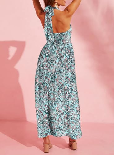 Women's Summer Dresses Halter Neck Sleeveless Backless Flowy A Line Boho Maxi Dress