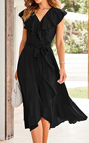 Women's 2025 Summer Cross Midi Dress Casual Boho Deep V Neck Short Sleeve Ruffle Hem Split Beach Long Dresses