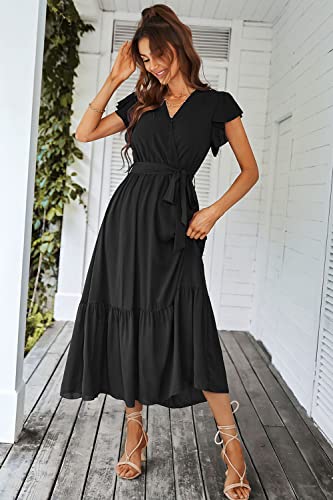 Women's Summer Floral Boho Maxi Dress Wrap Short Sleeve V Neck Ruffle A-Line Flowy Wedding Guest Long Dresses
