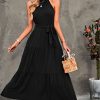 Women's Summer Floral Maxi Sun Dress Sleeveless Halter Neck Flowy Ruffle Hem Long Boho Dresses with Belt