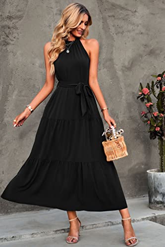 Women's Summer Floral Maxi Sun Dress Sleeveless Halter Neck Flowy Ruffle Hem Long Boho Dresses with Belt