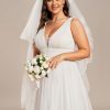 Women's V Neck Sleeveless A Line Pleated Tulle Floor Length Bridal Dresses