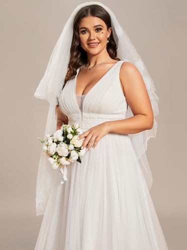 Women's V Neck Sleeveless A Line Pleated Tulle Floor Length Bridal Dresses