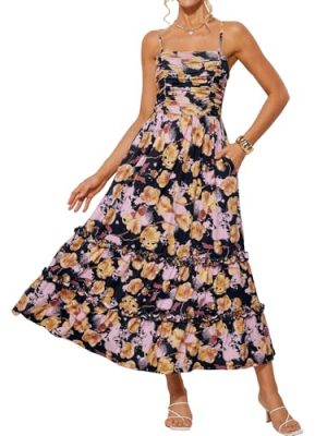 2025 Women's Summer Floral Maxi Dress Casual Sleeveless Ruffle Tiered Wedding Guest Flowy Dresses with Pockets
