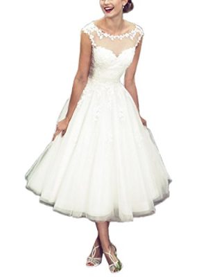 Women's Elegant Sheer Vintage Short Lace Wedding Dress for Bride