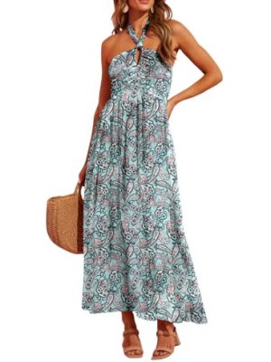 Women's Summer Dresses Halter Neck Sleeveless Backless Flowy A Line Boho Maxi Dress