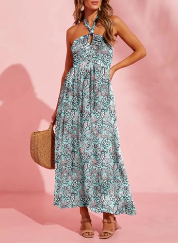 Women's Summer Dresses Halter Neck Sleeveless Backless Flowy A Line Boho Maxi Dress
