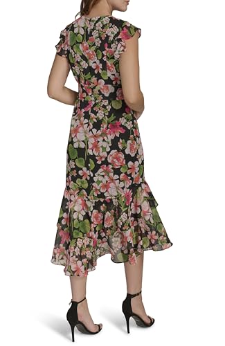 Women's Flutter Sleeve V-Neck Ruffle Trim Chiffon Hi Lo Dress