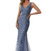 Women's Formal Dress Sequin Tulle Double V-Neck Sleeveless Mermaid Long Evening Dress 07886