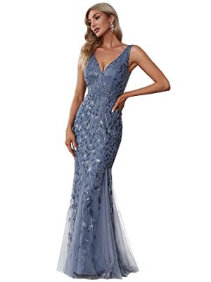 Women's Formal Dress Sequin Tulle Double V-Neck Sleeveless Mermaid Long Evening Dress 07886