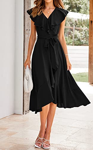 Women's 2025 Summer Cross Midi Dress Casual Boho Deep V Neck Short Sleeve Ruffle Hem Split Beach Long Dresses