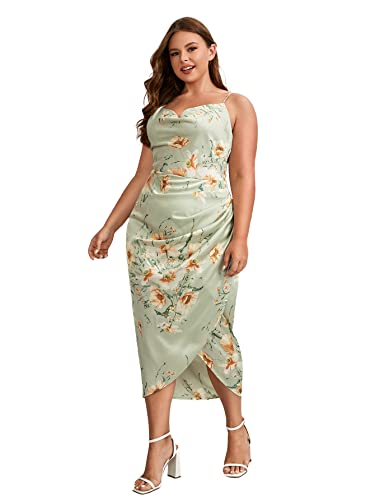 Women's Plus Size Satin Spaghetti Strap Cowl Neck Wrap Party Cami Dress