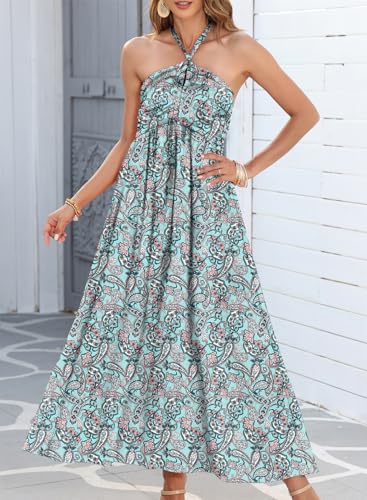 Women's Summer Dresses Halter Neck Sleeveless Backless Flowy A Line Boho Maxi Dress