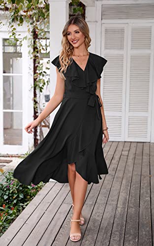 Women's 2025 Summer Cross Midi Dress Casual Boho Deep V Neck Short Sleeve Ruffle Hem Split Beach Long Dresses