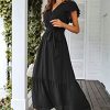 Women's Summer Floral Boho Maxi Dress Wrap Short Sleeve V Neck Ruffle A-Line Flowy Wedding Guest Long Dresses