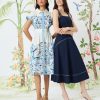 Women's Square Neck Midi Contrast Stitching-A-line Seamed Bodice Formal Wedding Guest Cocktail Dress