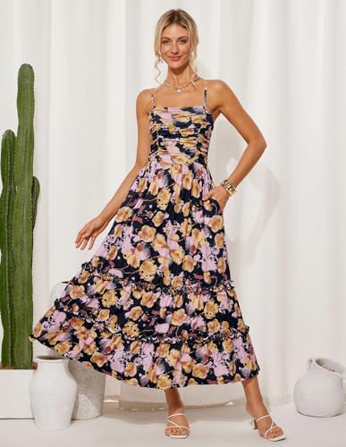 2025 Women's Summer Floral Maxi Dress Casual Sleeveless Ruffle Tiered Wedding Guest Flowy Dresses with Pockets
