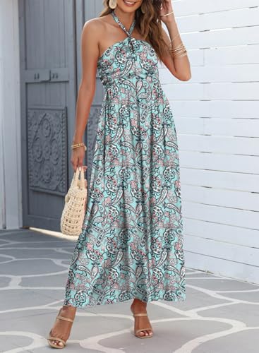 Women's Summer Dresses Halter Neck Sleeveless Backless Flowy A Line Boho Maxi Dress