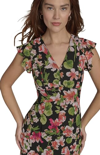 Women's Flutter Sleeve V-Neck Ruffle Trim Chiffon Hi Lo Dress